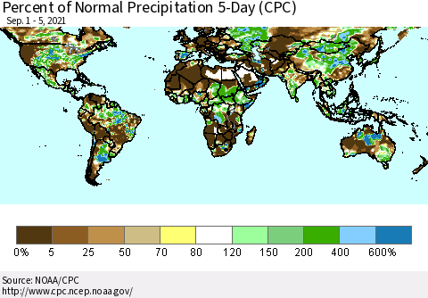 World Percent of Normal Precipitation 5-Day (CPC) Thematic Map For 9/1/2021 - 9/5/2021