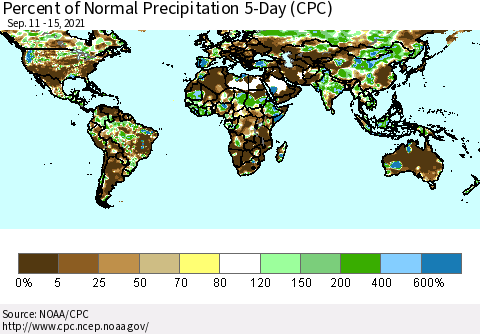 World Percent of Normal Precipitation 5-Day (CPC) Thematic Map For 9/11/2021 - 9/15/2021
