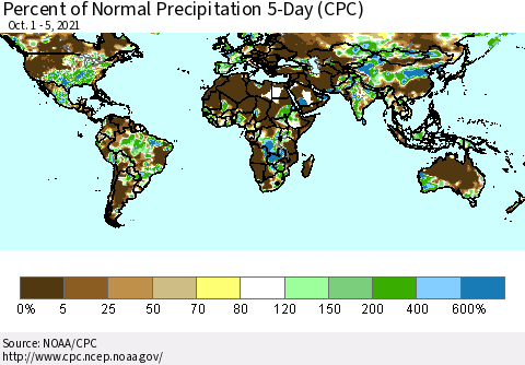 World Percent of Normal Precipitation 5-Day (CPC) Thematic Map For 10/1/2021 - 10/5/2021