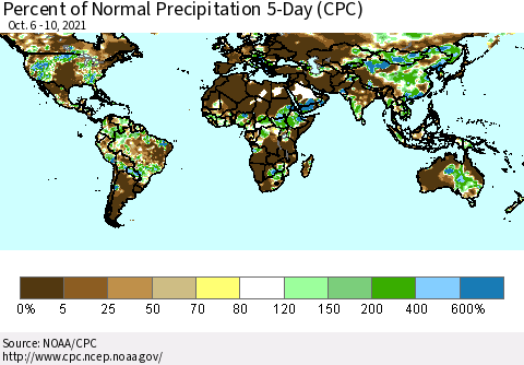 World Percent of Normal Precipitation 5-Day (CPC) Thematic Map For 10/6/2021 - 10/10/2021