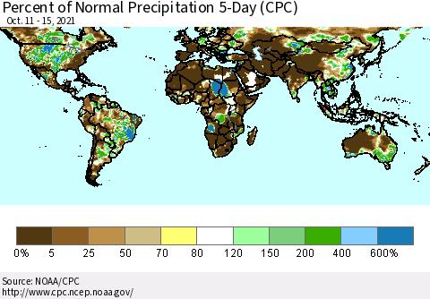 World Percent of Normal Precipitation 5-Day (CPC) Thematic Map For 10/11/2021 - 10/15/2021