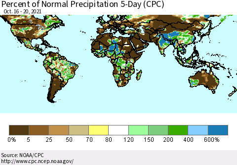World Percent of Normal Precipitation 5-Day (CPC) Thematic Map For 10/16/2021 - 10/20/2021