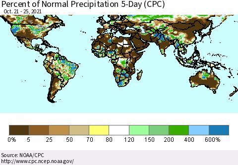 World Percent of Normal Precipitation 5-Day (CPC) Thematic Map For 10/21/2021 - 10/25/2021