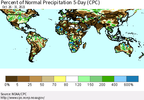 World Percent of Normal Precipitation 5-Day (CPC) Thematic Map For 10/26/2021 - 10/31/2021