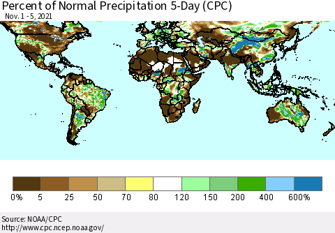 World Percent of Normal Precipitation 5-Day (CPC) Thematic Map For 11/1/2021 - 11/5/2021