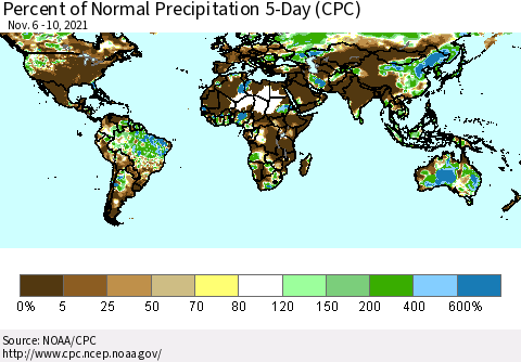 World Percent of Normal Precipitation 5-Day (CPC) Thematic Map For 11/6/2021 - 11/10/2021