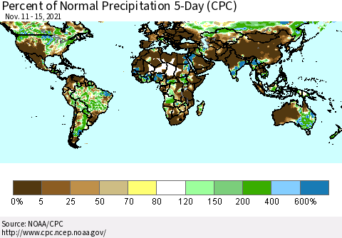 World Percent of Normal Precipitation 5-Day (CPC) Thematic Map For 11/11/2021 - 11/15/2021