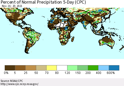 World Percent of Normal Precipitation 5-Day (CPC) Thematic Map For 11/16/2021 - 11/20/2021