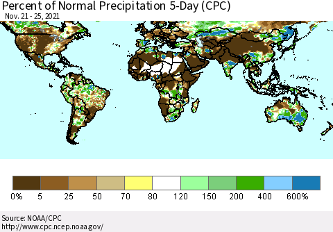 World Percent of Normal Precipitation 5-Day (CPC) Thematic Map For 11/21/2021 - 11/25/2021
