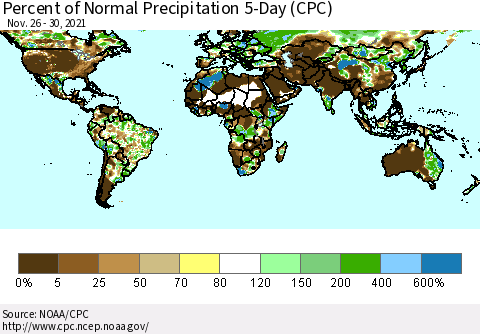 World Percent of Normal Precipitation 5-Day (CPC) Thematic Map For 11/26/2021 - 11/30/2021