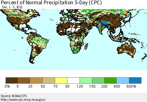 World Percent of Normal Precipitation 5-Day (CPC) Thematic Map For 12/1/2021 - 12/5/2021