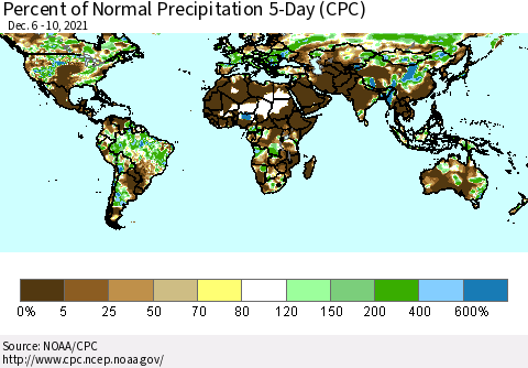World Percent of Normal Precipitation 5-Day (CPC) Thematic Map For 12/6/2021 - 12/10/2021