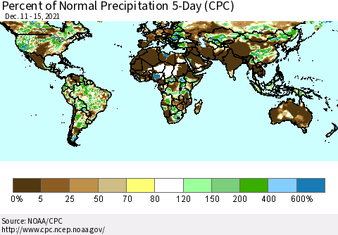 World Percent of Normal Precipitation 5-Day (CPC) Thematic Map For 12/11/2021 - 12/15/2021