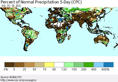 World Percent of Normal Precipitation 5-Day (CPC) Thematic Map For 12/16/2021 - 12/20/2021