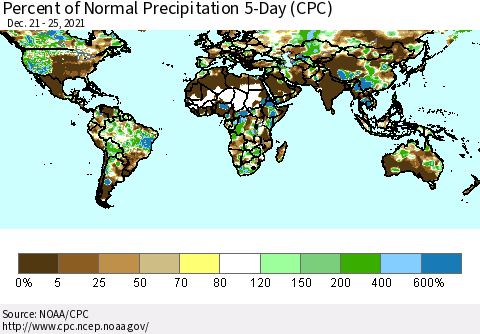 World Percent of Normal Precipitation 5-Day (CPC) Thematic Map For 12/21/2021 - 12/25/2021