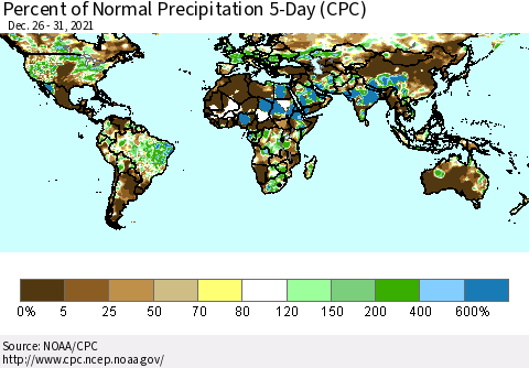 World Percent of Normal Precipitation 5-Day (CPC) Thematic Map For 12/26/2021 - 12/31/2021