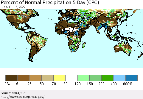 World Percent of Normal Precipitation 5-Day (CPC) Thematic Map For 1/11/2022 - 1/15/2022