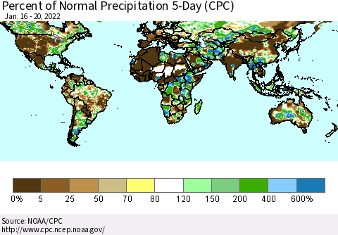 World Percent of Normal Precipitation 5-Day (CPC) Thematic Map For 1/16/2022 - 1/20/2022