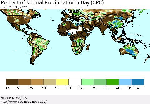 World Percent of Normal Precipitation 5-Day (CPC) Thematic Map For 1/26/2022 - 1/31/2022