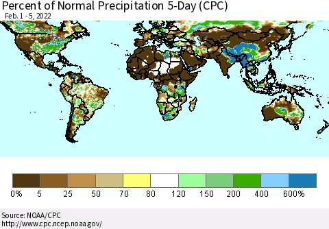 World Percent of Normal Precipitation 5-Day (CPC) Thematic Map For 2/1/2022 - 2/5/2022