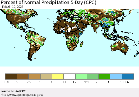 World Percent of Normal Precipitation 5-Day (CPC) Thematic Map For 2/6/2022 - 2/10/2022
