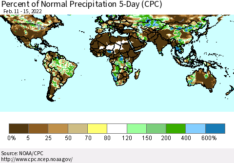 World Percent of Normal Precipitation 5-Day (CPC) Thematic Map For 2/11/2022 - 2/15/2022