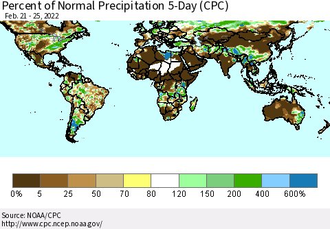 World Percent of Normal Precipitation 5-Day (CPC) Thematic Map For 2/21/2022 - 2/25/2022