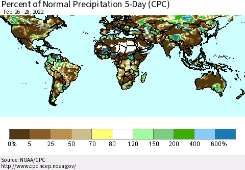 World Percent of Normal Precipitation 5-Day (CPC) Thematic Map For 2/26/2022 - 2/28/2022