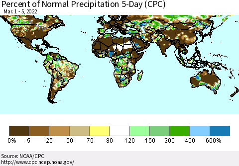 World Percent of Normal Precipitation 5-Day (CPC) Thematic Map For 3/1/2022 - 3/5/2022