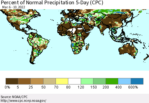 World Percent of Normal Precipitation 5-Day (CPC) Thematic Map For 3/6/2022 - 3/10/2022