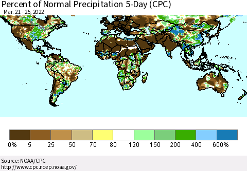 World Percent of Normal Precipitation 5-Day (CPC) Thematic Map For 3/21/2022 - 3/25/2022