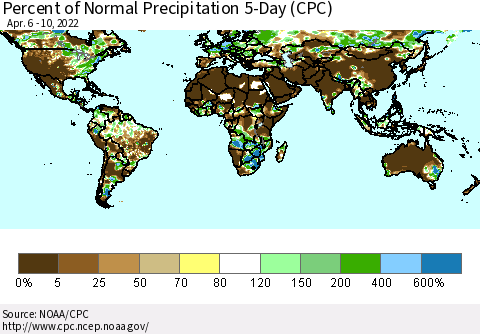 World Percent of Normal Precipitation 5-Day (CPC) Thematic Map For 4/6/2022 - 4/10/2022