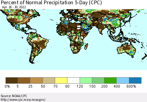 World Percent of Normal Precipitation 5-Day (CPC) Thematic Map For 4/26/2022 - 4/30/2022