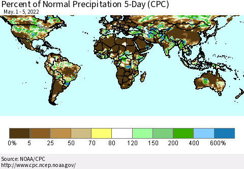 World Percent of Normal Precipitation 5-Day (CPC) Thematic Map For 5/1/2022 - 5/5/2022
