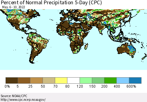 World Percent of Normal Precipitation 5-Day (CPC) Thematic Map For 5/6/2022 - 5/10/2022