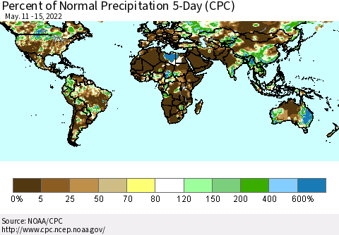 World Percent of Normal Precipitation 5-Day (CPC) Thematic Map For 5/11/2022 - 5/15/2022