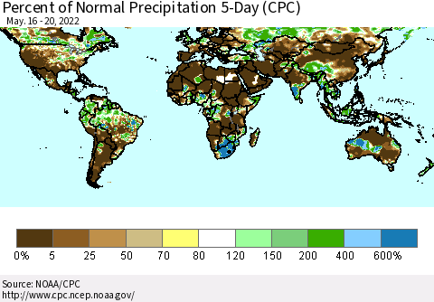 World Percent of Normal Precipitation 5-Day (CPC) Thematic Map For 5/16/2022 - 5/20/2022