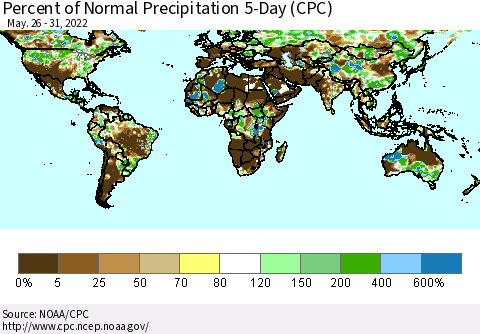 World Percent of Normal Precipitation 5-Day (CPC) Thematic Map For 5/26/2022 - 5/31/2022