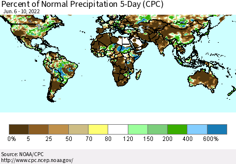 World Percent of Normal Precipitation 5-Day (CPC) Thematic Map For 6/6/2022 - 6/10/2022