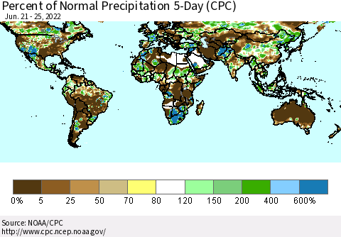 World Percent of Normal Precipitation 5-Day (CPC) Thematic Map For 6/21/2022 - 6/25/2022