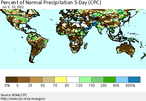 World Percent of Normal Precipitation 5-Day (CPC) Thematic Map For 7/6/2022 - 7/10/2022