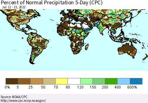 World Percent of Normal Precipitation 5-Day (CPC) Thematic Map For 7/11/2022 - 7/15/2022