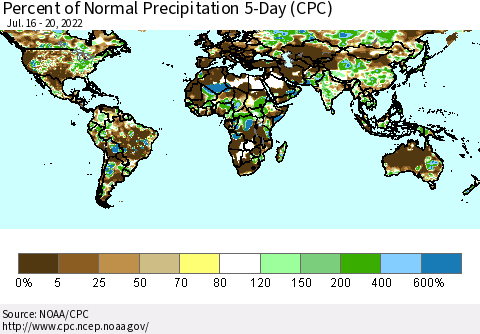 World Percent of Normal Precipitation 5-Day (CPC) Thematic Map For 7/16/2022 - 7/20/2022