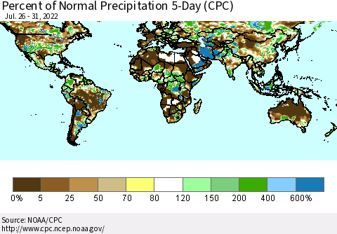 World Percent of Normal Precipitation 5-Day (CPC) Thematic Map For 7/26/2022 - 7/31/2022