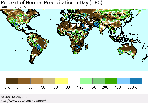 World Percent of Normal Precipitation 5-Day (CPC) Thematic Map For 8/16/2022 - 8/20/2022