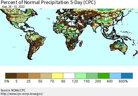 World Percent of Normal Precipitation 5-Day (CPC) Thematic Map For 8/26/2022 - 8/31/2022