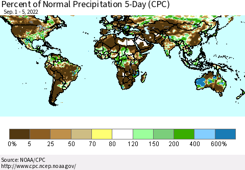 World Percent of Normal Precipitation 5-Day (CPC) Thematic Map For 9/1/2022 - 9/5/2022