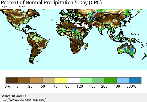 World Percent of Normal Precipitation 5-Day (CPC) Thematic Map For 9/6/2022 - 9/10/2022