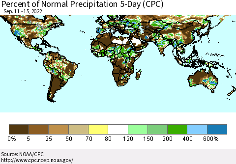 World Percent of Normal Precipitation 5-Day (CPC) Thematic Map For 9/11/2022 - 9/15/2022
