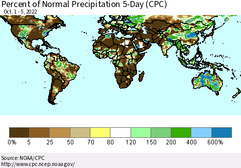 World Percent of Normal Precipitation 5-Day (CPC) Thematic Map For 10/1/2022 - 10/5/2022